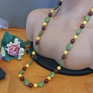 Vintage Chunky Bead 34" Necklace Brown Yellow Olive Green Plastic